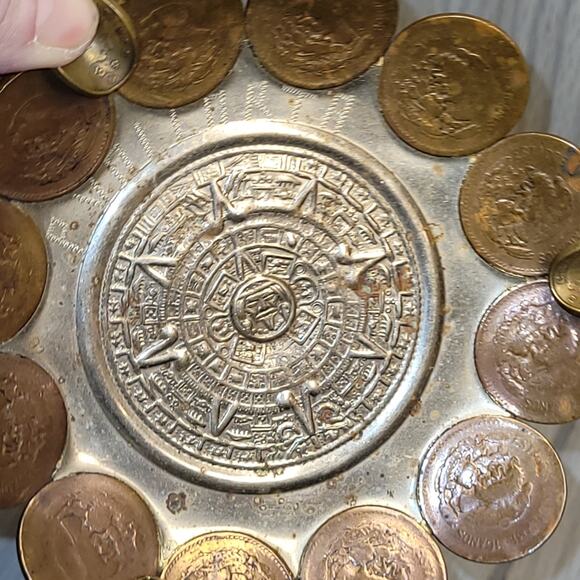 Vtg Aztec Calendar Mexican Coin Ashtray Catch All Dish Handmade MCM - Picture 3 of 8